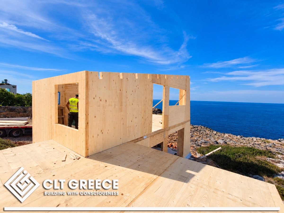The upper floor of the CLT house with a view of the sea off Chania